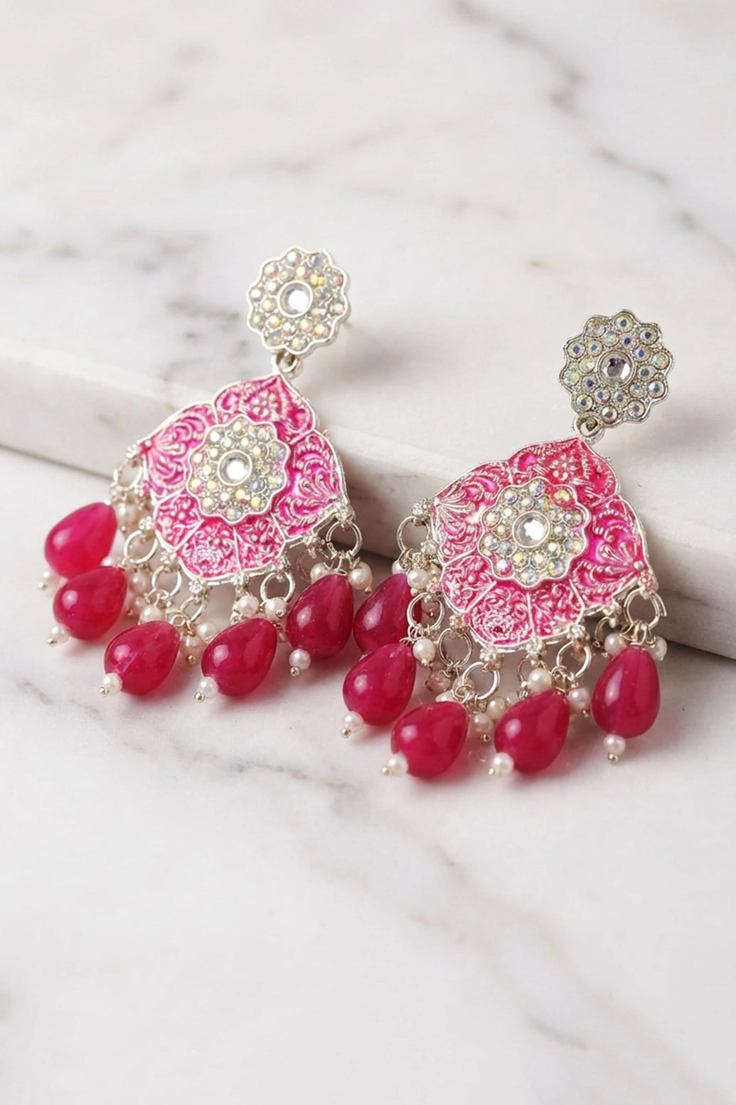 Floral Drop Earrings with Sparkling Multi-Colour Stones and Teardrop Beads - Green/Red/Pink - Pink