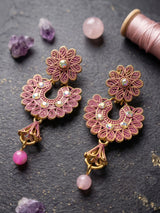 Traditional Floral Drop Earrings with Colorful Stone Stud and Bead Dangles - Pink