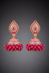 Traditional Jhumka Earrings with Dome Design, White Stone Work and Beaded Dangler, Pink & Black Options - Pink