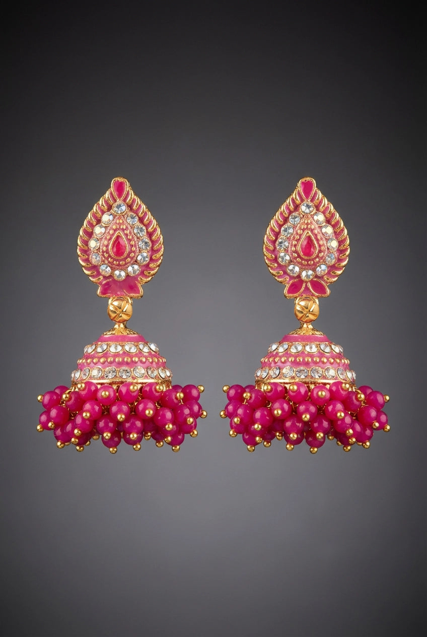 Traditional Jhumka Earrings with Dome Design, White Stone Work and Beaded Dangler, Pink & Black Options - Pink