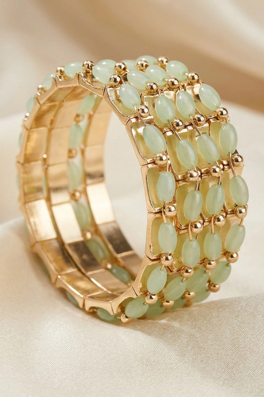 Red, Pista Green & Light Pink Gold-Plated Beaded Bangles for Women - Traditional Ethnic Wear - Pista Green