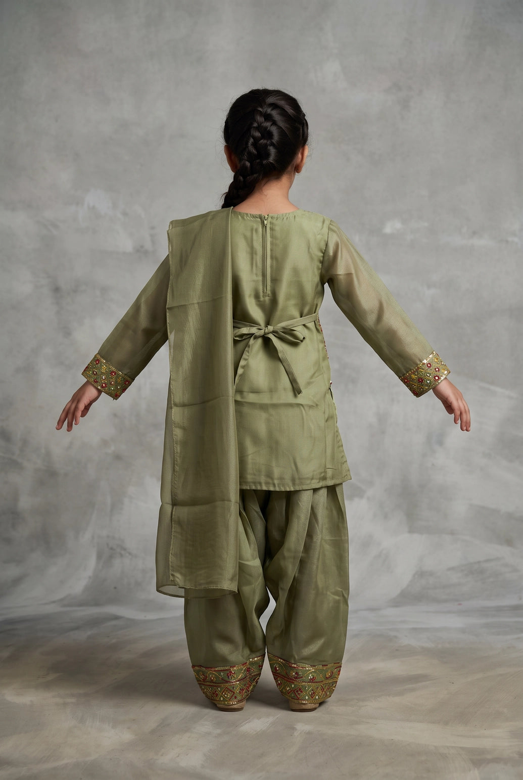 Girls Roman Silk 3-Piece Pakistani Suit Set with Embroidered Kurti, Salwar & Matching Dupatta - Pista Green