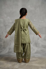 Girls Roman Silk 3-Piece Pakistani Suit Set with Embroidered Kurti, Salwar & Matching Dupatta - Pista Green