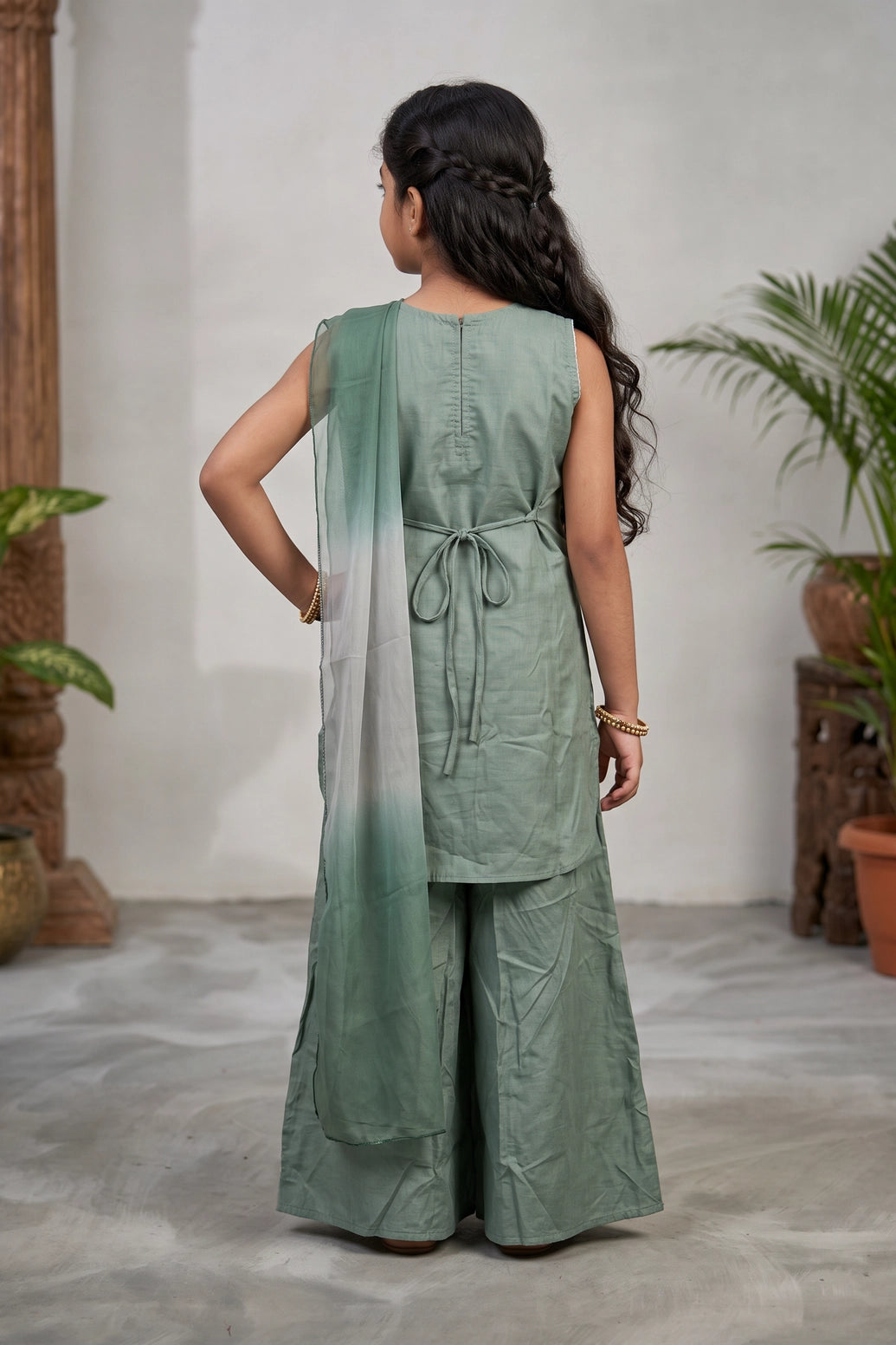 Girls Roman Silk 3-Piece Palazzo Set with Floral Embroidery, Matching Kurti, Palazzo Pants & Dupatta - Pista Green
