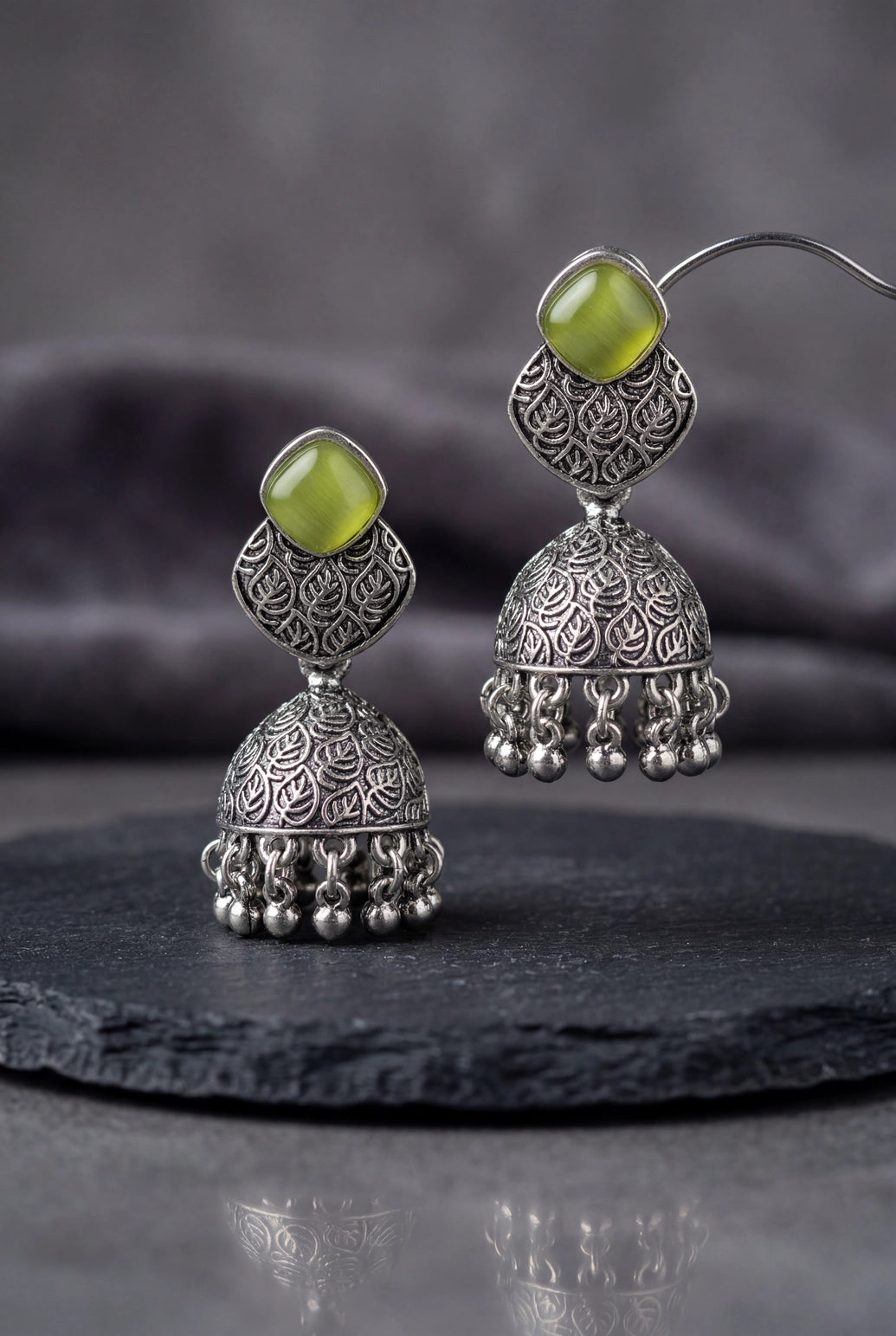 Oxidized Silver-Tone Jhumka Earrings with Square Stone, Leaf Engraved Top & Ghungroo Beads (Sea Blue/Mint/Lemon) - Pista Green