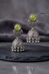 Oxidized Silver-Tone Jhumka Earrings with Square Stone, Leaf Engraved Top & Ghungroo Beads (Sea Blue/Mint/Lemon) - Pista Green