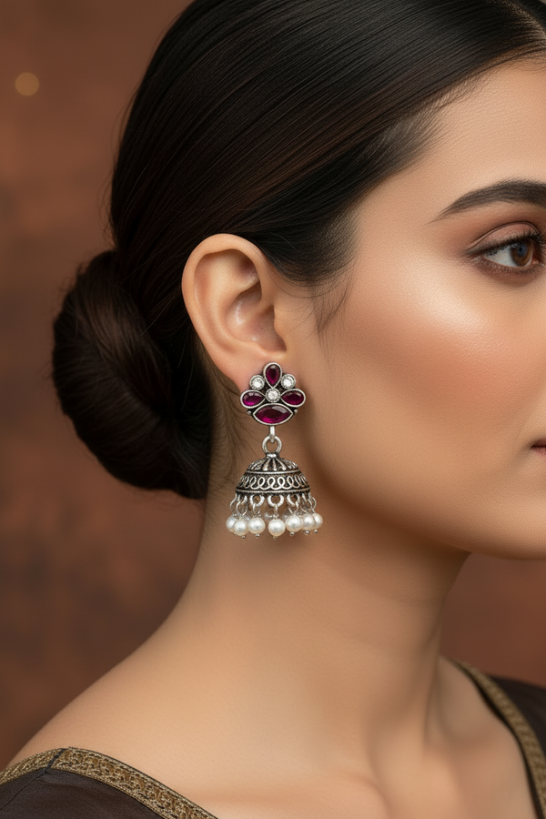 Purple Stone Floral Jhumka Earrings - Oxidised Silver-Tone Fashion Jewellery, 1.5 inch, For Indian Ethnic Wear