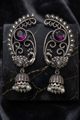 Antique Oxidized Silver Peacock Jhumka Drop Earrings with Pearl Beads (Navy Blue, Purple, Mint Green) - Purple