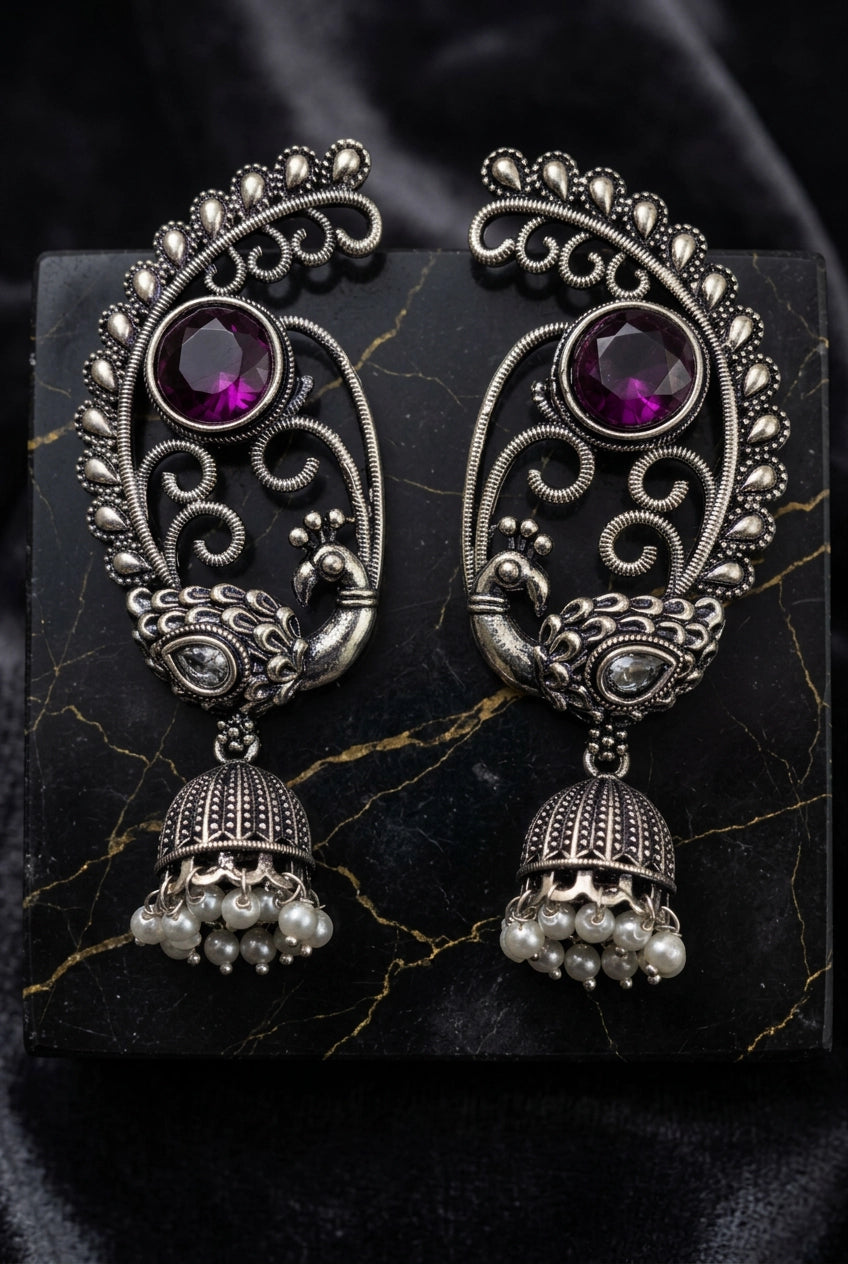 Antique Oxidized Silver Peacock Jhumka Drop Earrings with Pearl Beads (Navy Blue, Purple, Mint Green) - Purple