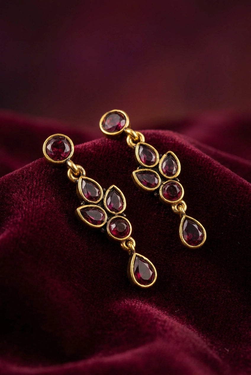 Sona Novelty Gold-Tone Drop Earrings with Multi Stone Teardrop Dangles for Traditional & Festive Wear - Purple