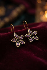 Flower Petal Drop Hook Earrings in Antique Gold Tone with Marquise Stones (Purple, Mint Green, Multi) - Purple