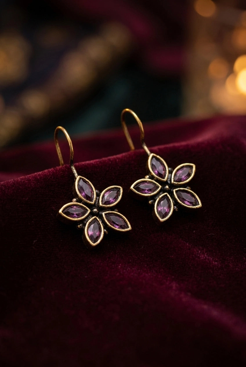 Flower Petal Drop Hook Earrings in Antique Gold Tone with Marquise Stones (Purple, Mint Green, Multi) - Purple