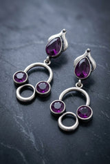 Silver-Tone Stone Drop Earrings with Circular Cluster Design for Women - Purple