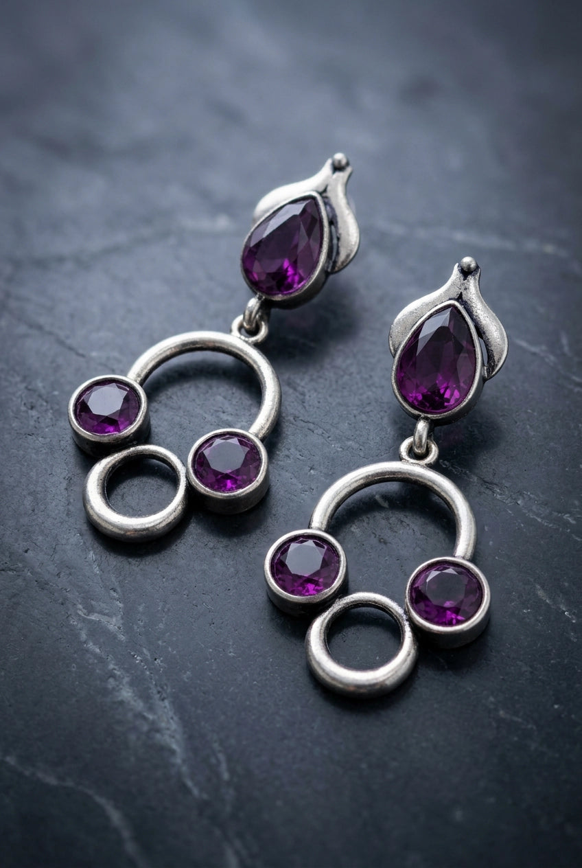 Silver-Tone Stone Drop Earrings with Circular Cluster Design for Women - Purple