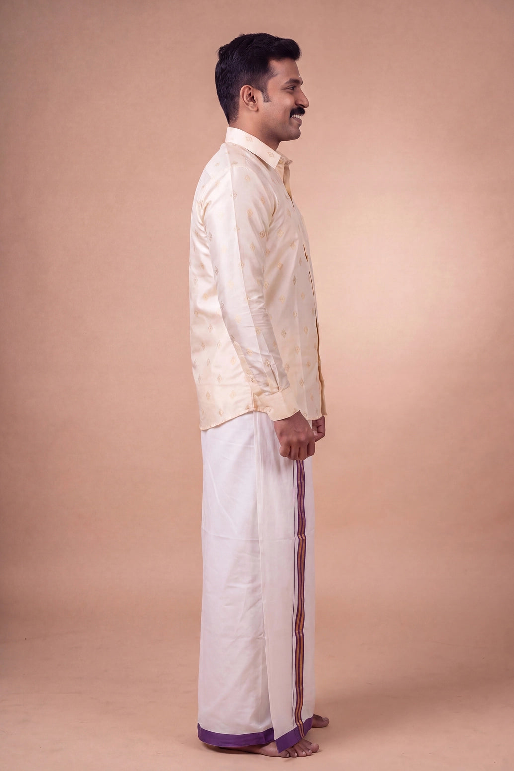 Men’s Off-White Cotton Dhoti with 1-inch Coloured Thread Border (2 Metre Single) - Traditional Wear - Purple & Gold