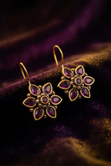 Antique Gold-Tone Floral Teardrop Stone Cluster Hook Earrings for Women - Purple