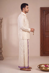 Men Off-White Cotton Dhoti with Woven Check Border and Zari Lines (2 Metre Single Veshti) - Purple