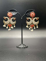 Antique Peacock Pearl Earrings – Gold-Tone Pearl-Studded Ethnic Earrings (2 inch) Jewelry JCS Fashions Red 2 inch