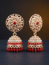 Traditional Jhumka Earrings with Floral Filigree and Beaded Drops in Red, Maroon & Yellow - Red