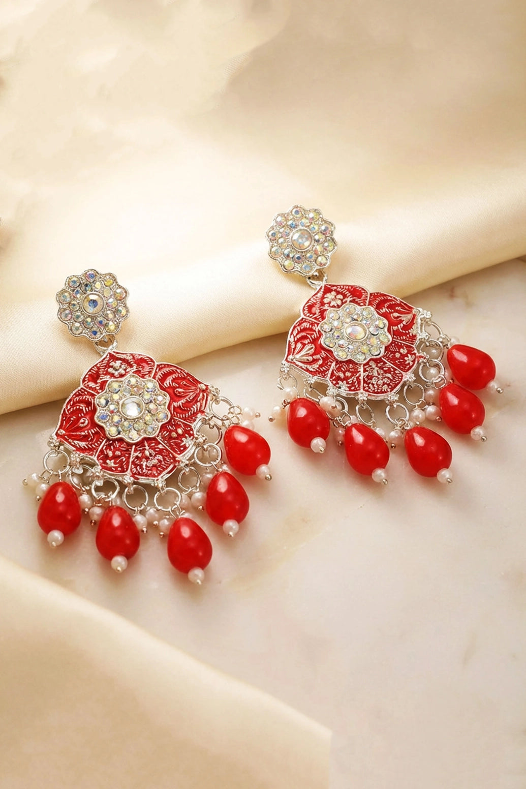 Floral Drop Earrings with Sparkling Multi-Colour Stones and Teardrop Beads - Green/Red/Pink - Red