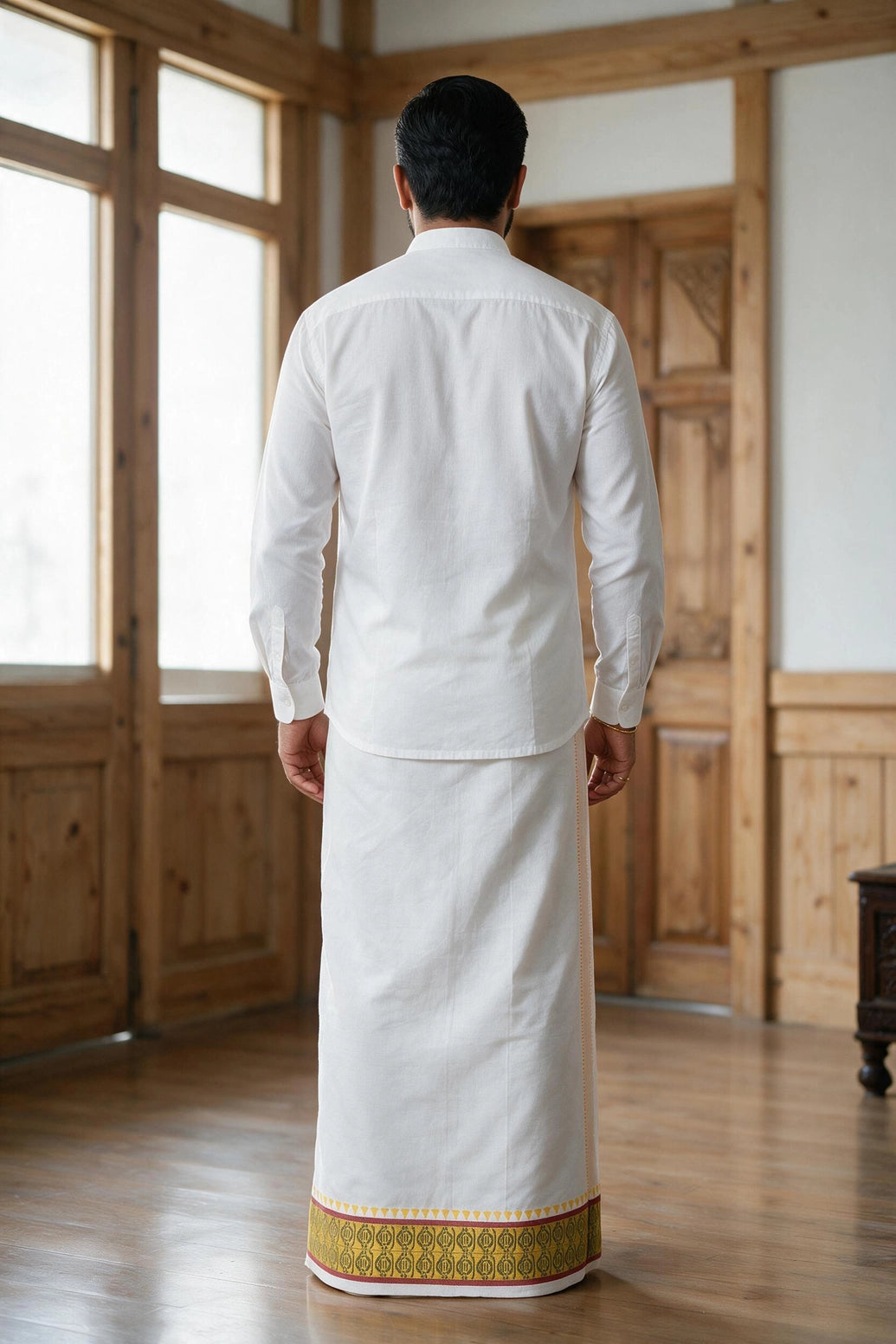 Men White Cotton Dhoti with 2-inch Gold Thread Work Border, 2 Metre Single Veshti - Red