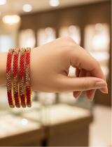 Multicolour Crystal Beaded Bangles Set with Gold-Tone Sparkle for Festive Wear and Weddings (Red/Light Blue/Purple)