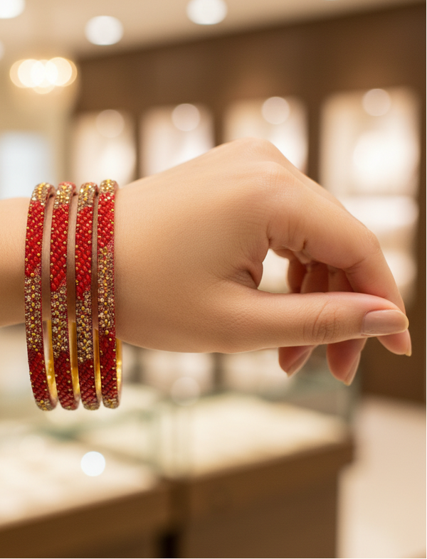 Multicolour Crystal Beaded Bangles Set with Gold-Tone Sparkle for Festive Wear and Weddings (Red/Light Blue/Purple)