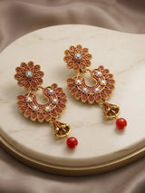 Traditional Floral Drop Earrings with Colorful Stone Stud and Bead Dangles - Red