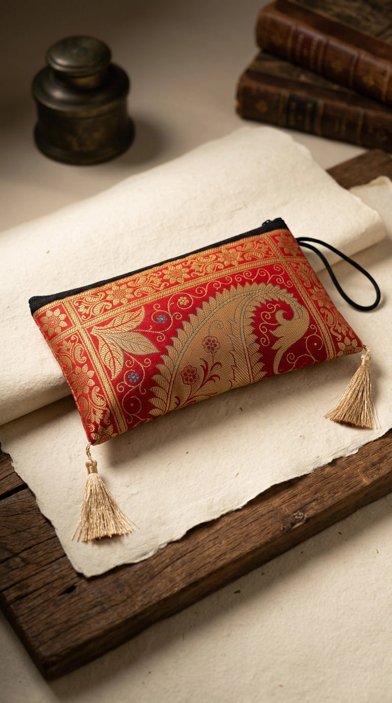 Banarasi Brocade Zip Pouch Clutch with Tassel, Embroidered Nylon Handbag for Festive & Evening Wear - Red
