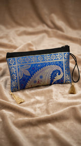 Banarasi Brocade Zip Pouch Clutch with Tassel, Embroidered Nylon Handbag for Festive & Evening Wear - Royal Blue