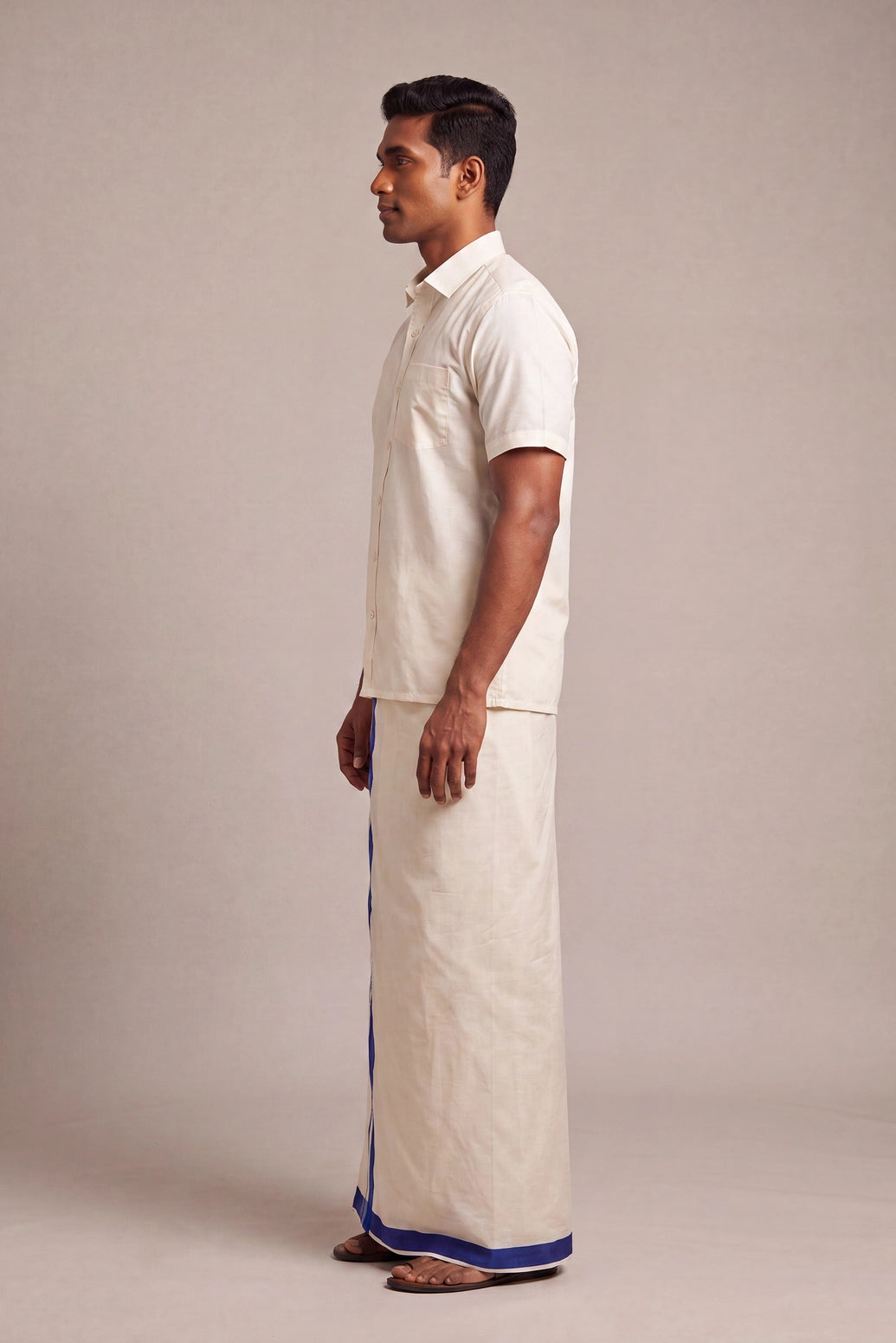 Men’s Traditional Off-White Cotton Dhoti with 1.5 Inch Thread Border for Wedding, Temple & Festival Wear - Royal Blue (Woven)
