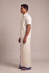 Men’s Traditional Off-White Cotton Dhoti with 1.5 Inch Thread Border for Wedding, Temple & Festival Wear - Royal Blue (Woven)