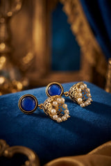 Antique Gold-Tone Jhumka Earrings with White Pearl Drops & Round Stone Stud in Royal/Sea/Pastel Green/Black - Royal blue