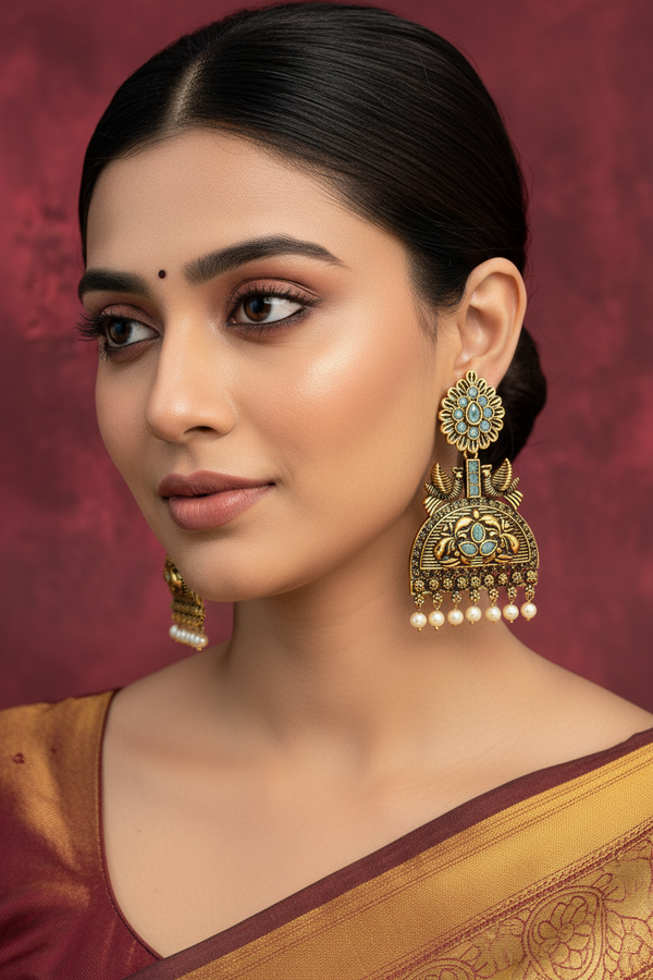 Antique Gold-Tone Sea Blue Jhumka Earrings with Pearl Drops - 3 inch