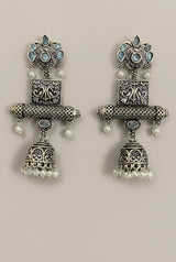 Antique Oxidized Silver Jhumka Earrings with Mint Green/Sea Blue Stones and Pearl Bead Danglers - Sea Blue