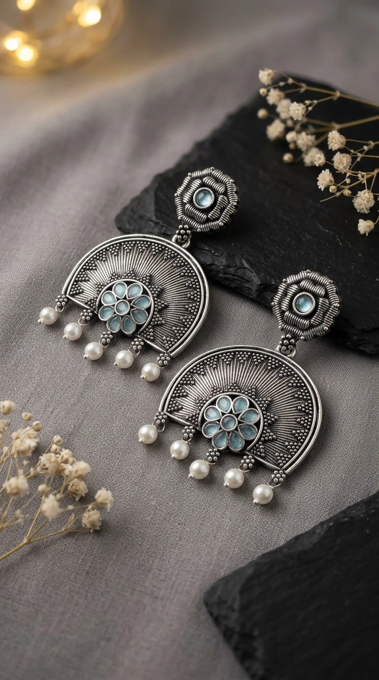 Oxidized Silver Floral Pendant Earring Set with Pearl Drops and Sunburst Motif - Sea Blue