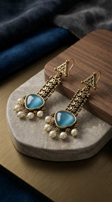Gold-tone Traditional Drop Earrings with Teardrop Stone & Pearl Bead Tassels (Sea Blue/Mint/Black) - Sea Blue