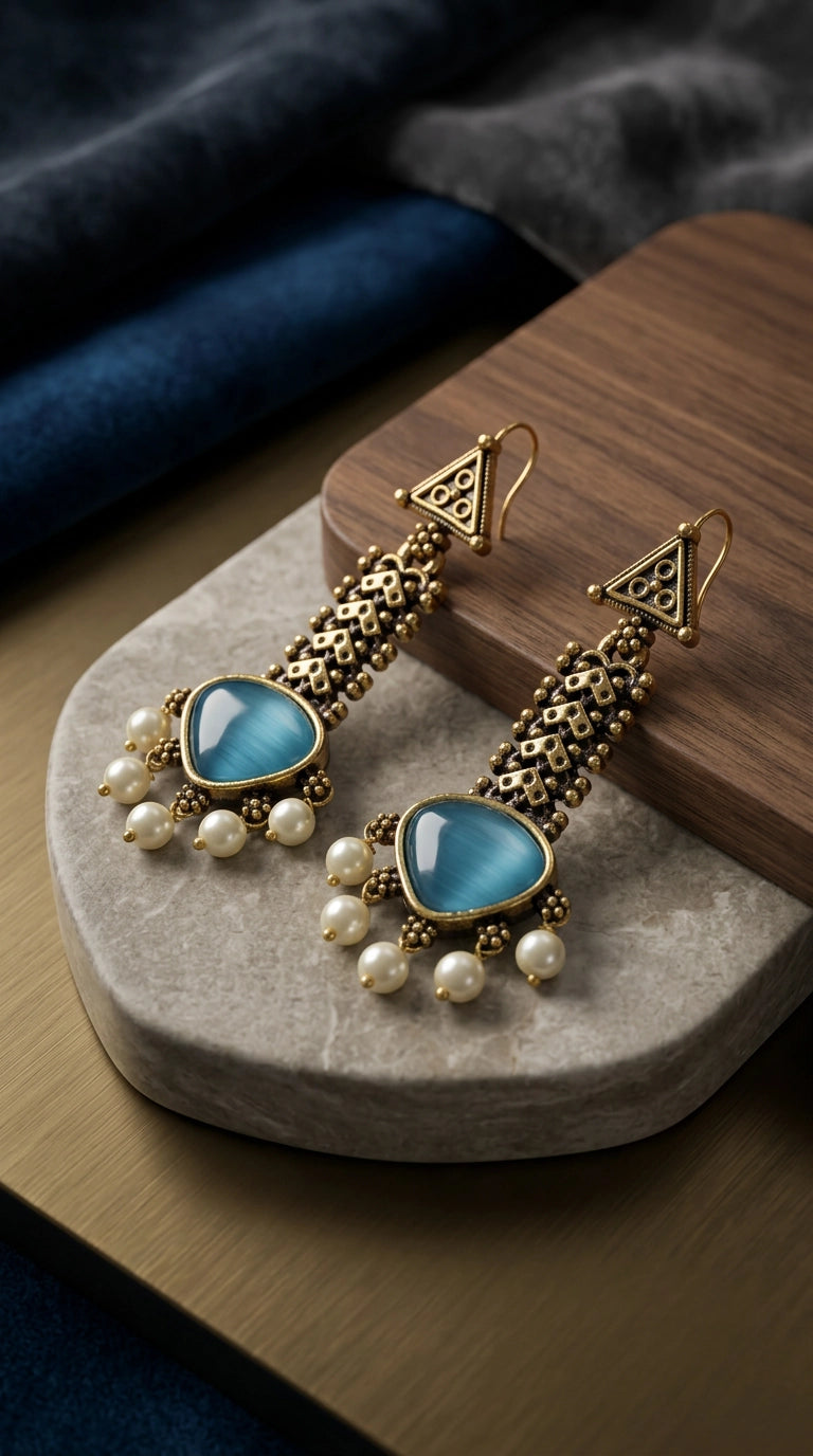 Gold-tone Traditional Drop Earrings with Teardrop Stone & Pearl Bead Tassels (Sea Blue/Mint/Black) - Sea Blue