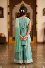 Girls Chanderi 3-Piece Palazzo Set with Embellished Sleeveless Kurti, Matching Palazzo & Dupatta - Sea Green