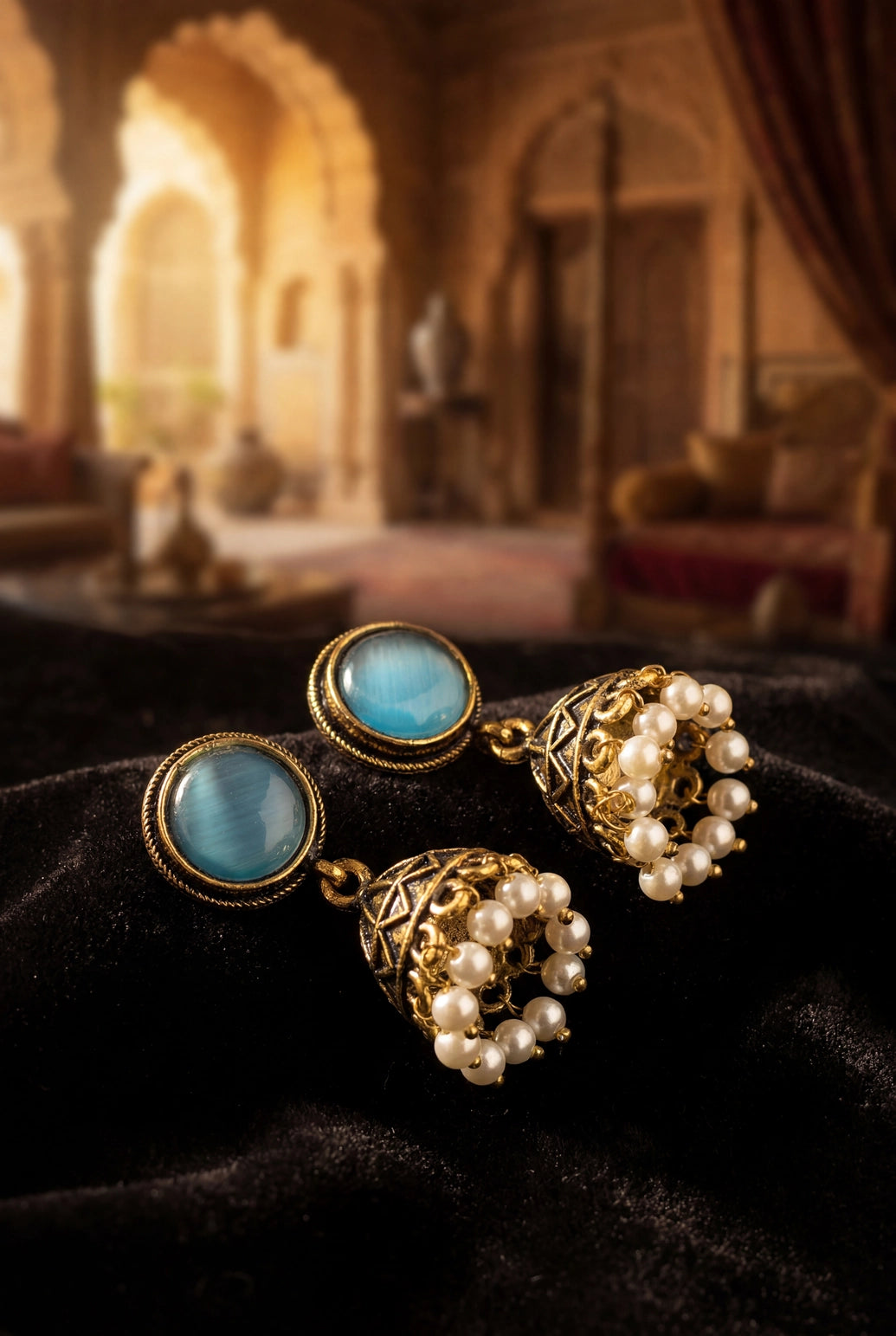 Antique Gold-Tone Jhumka Earrings with White Pearl Drops & Round Stone Stud in Royal/Sea/Pastel Green/Black - Sea blue