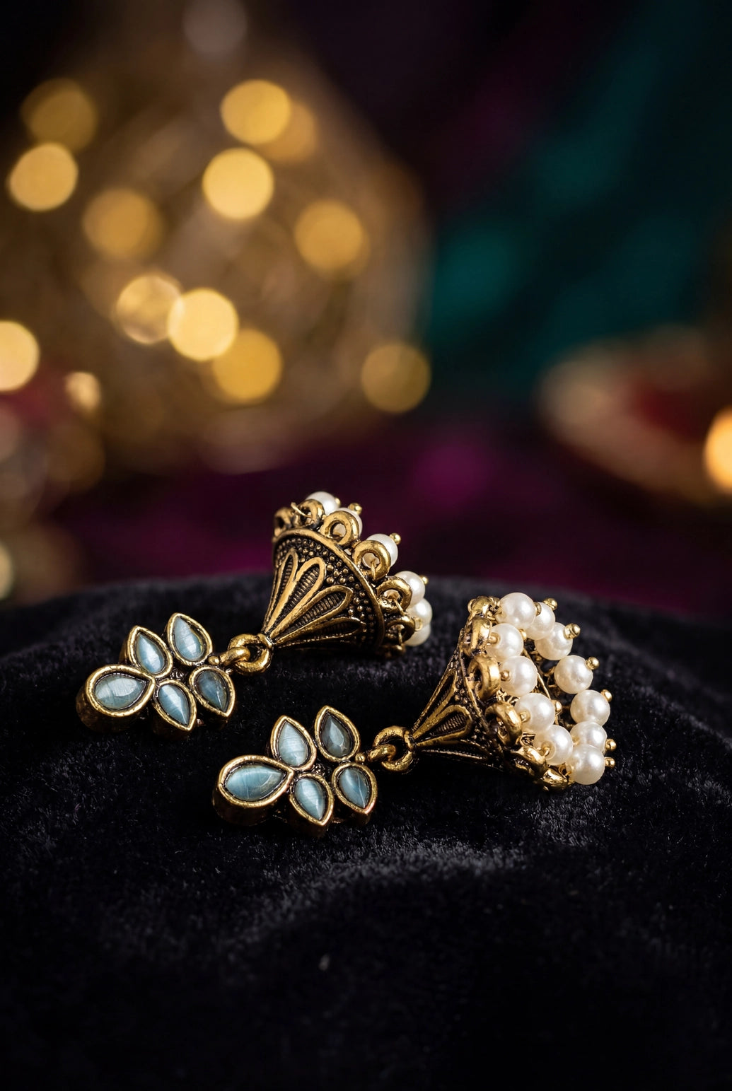 Floral Jhumka Earrings with Pearl Drops in Antique Gold-Tone Frame (Mint Green/Sea Blue/Onion Pink) - Sea blue