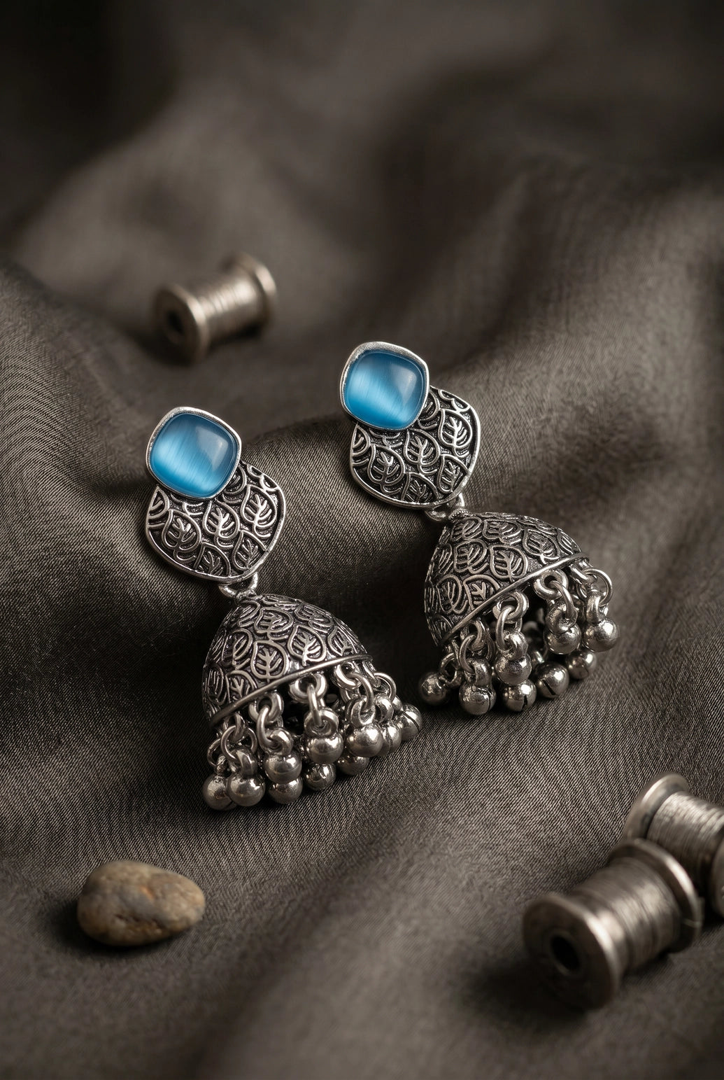 Oxidized Silver-Tone Jhumka Earrings with Square Stone, Leaf Engraved Top & Ghungroo Beads (Sea Blue/Mint/Lemon) - Sea blue