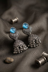 Oxidized Silver-Tone Jhumka Earrings with Square Stone, Leaf Engraved Top & Ghungroo Beads (Sea Blue/Mint/Lemon) - Sea blue