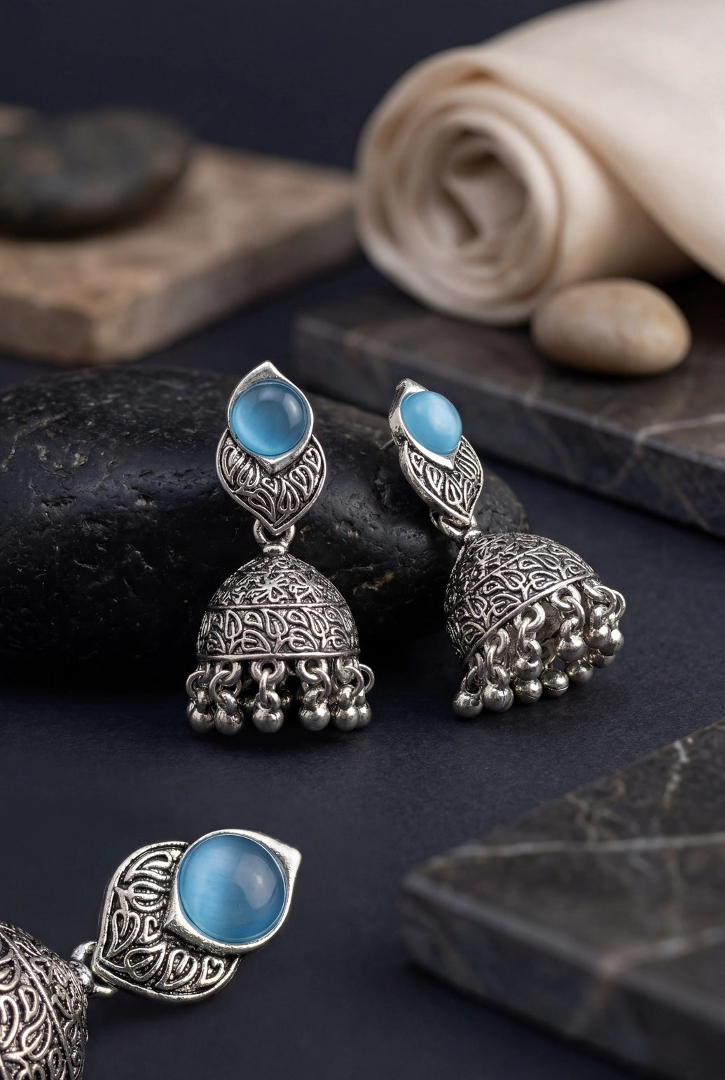 Oxidized Silver-Tone Jhumka Earrings with Round Stone & Leaf Connector, Gungroo Tassels - Blue, Sea blue