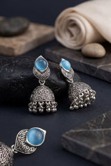 Oxidized Silver-Tone Jhumka Earrings with Round Stone & Leaf Connector, Gungroo Tassels - Blue, Sea blue
