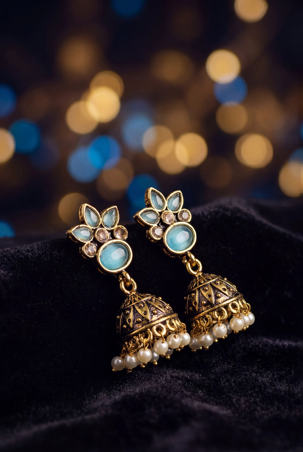 Floral Jhumka Earrings with Antique Gold-Tone Finish and Pearl Drop Dangles for Festive Wear - Sea blue