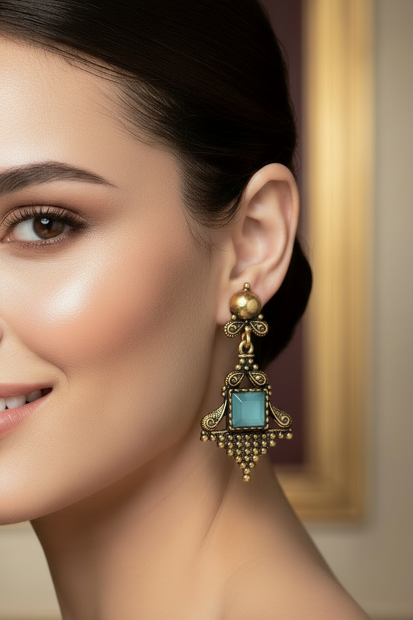 Sea Blue Stone Antique-Gold Dangling Earrings - Ornate Square Drop, 2.4 inch