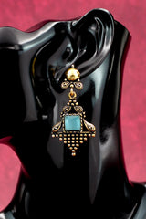 Sea Blue Stone Antique-Gold Dangling Earrings - Ornate Square Drop, 2.4 inch Jewelry JCS Fashions
