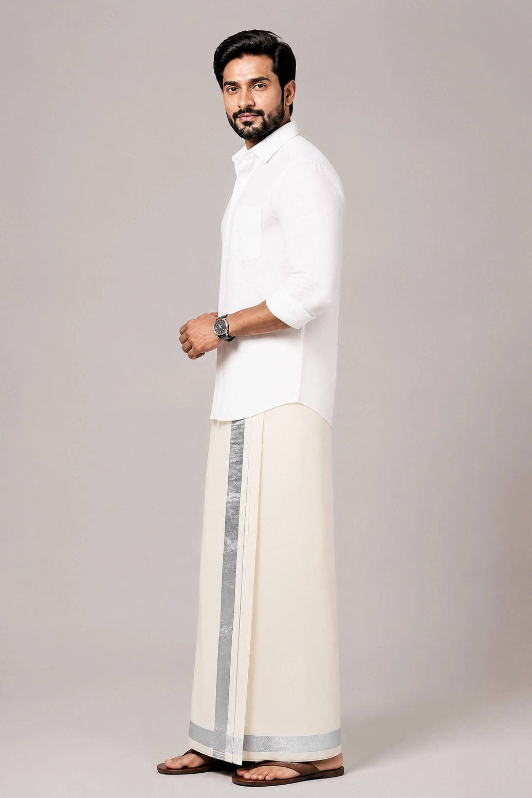 Men Off-White Cotton Dhoti with Silver Zari Border (2 Metre Single Veshti) - Silver-Gray Zari