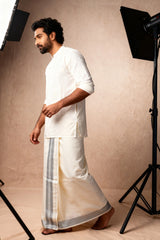 Men Off-White Cotton Dhoti with Silver Zari Border (2 Metre Single Veshti) - Silver & White Zari
